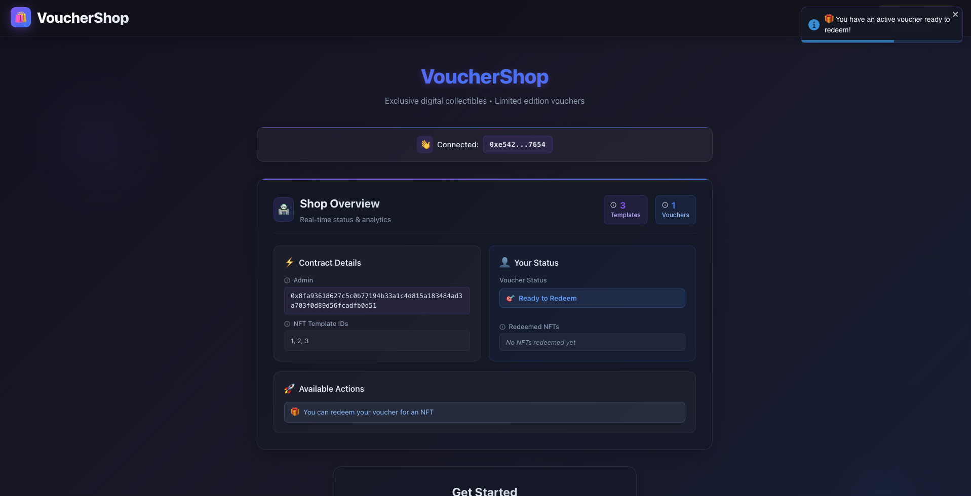 Dashboard Interface for already claimed voucher